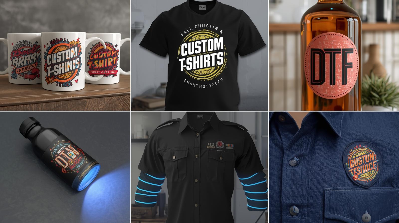 crie uma imagem real de banner com 13 cm de altura e 40 cm de largura para um site com os seguintes componentes_ _canecas personalizadas_, _camisetas personalizadas em DTF_, _Garrafa com adesivo DTF UV_, _Uniform.jpg